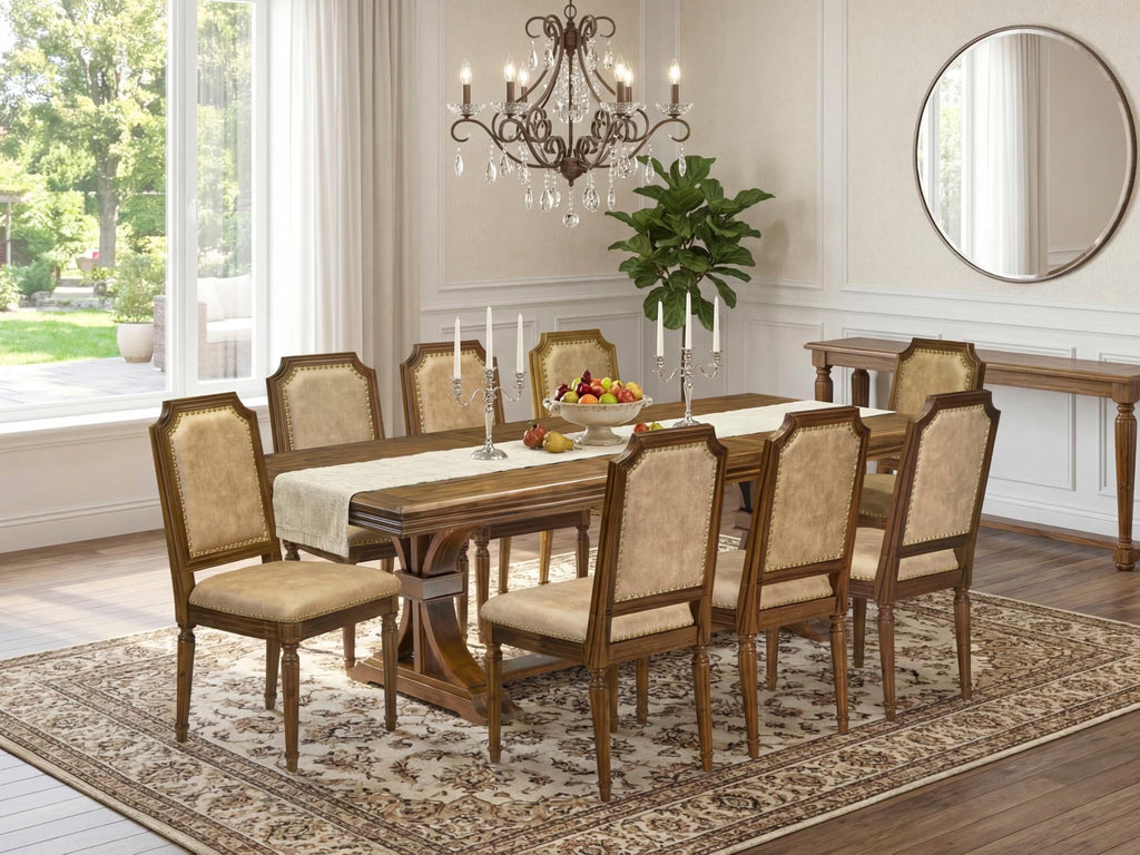 9 Piece Kitchen Table Set with 8 Beige Polyester Fabric Chairs Y3681