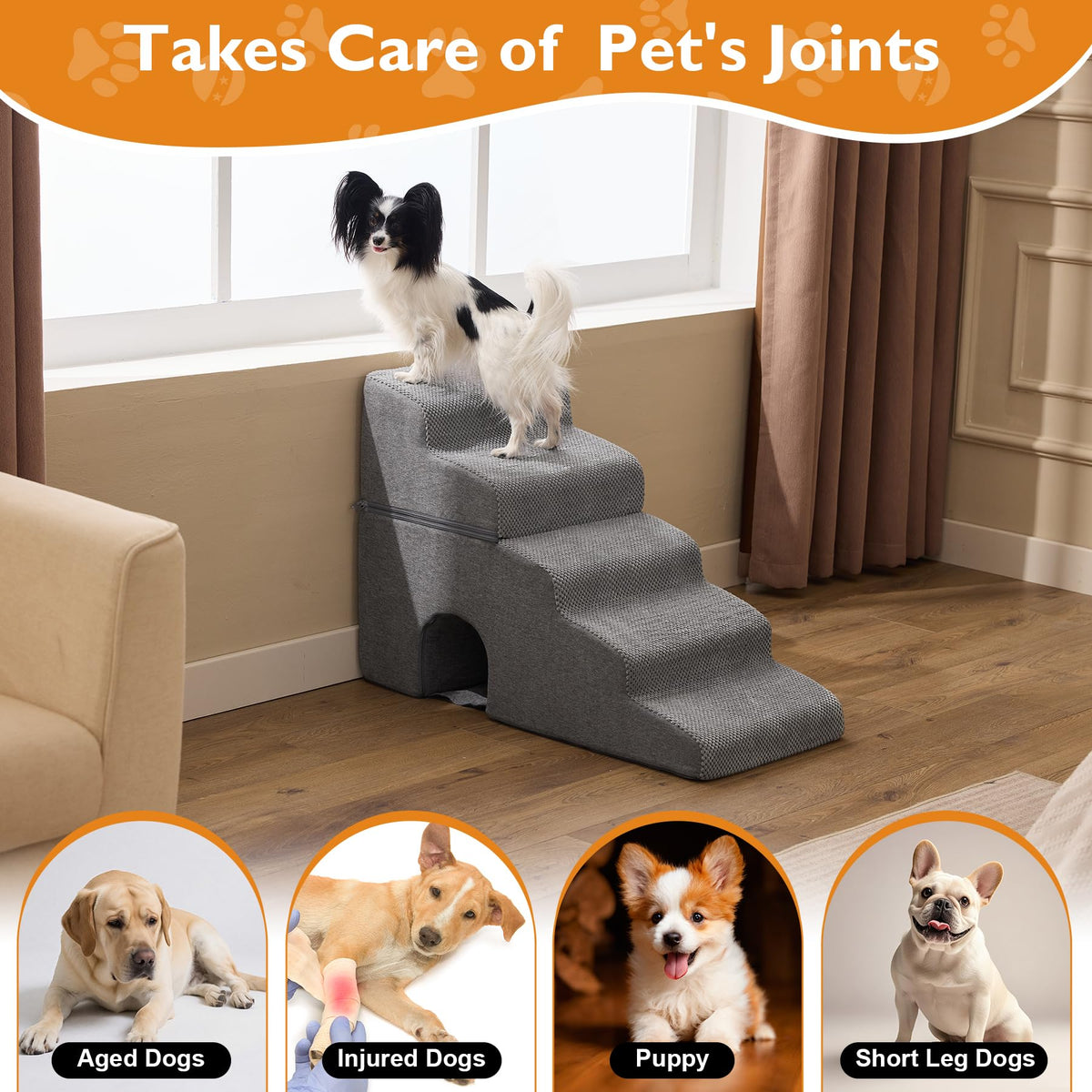 Grey 5-Step Dog Stairs Q85476