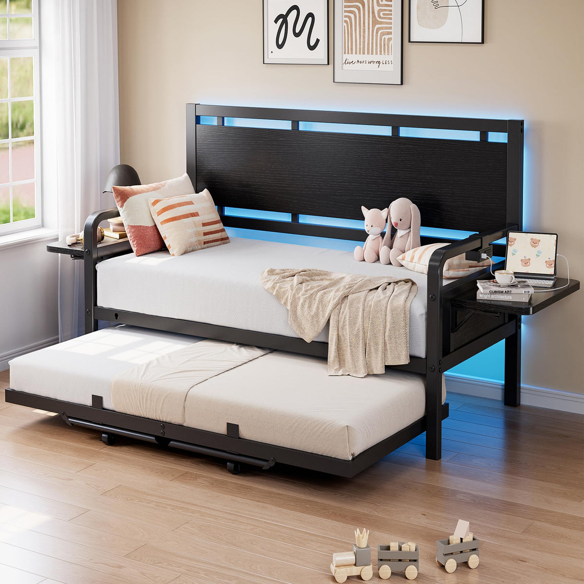 Black Metal Daybed with Trundle and LED Light T9197