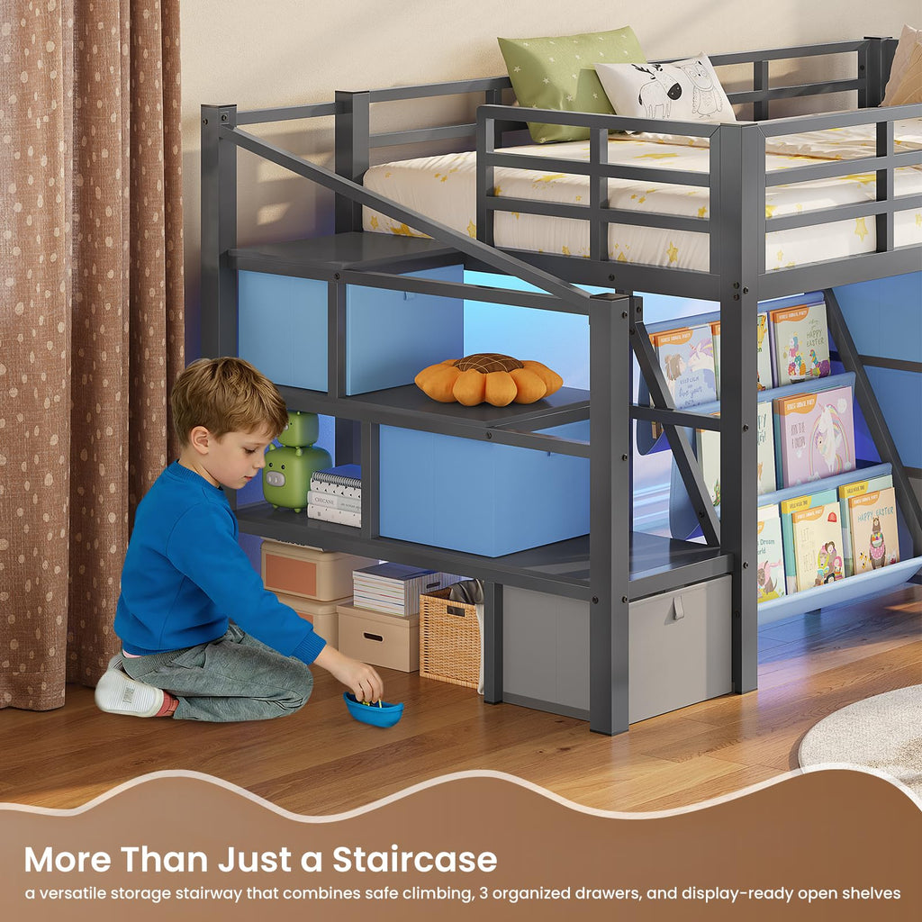 Twin Size Low Loft Bed with 9 Storage Drawers and Staircase J791