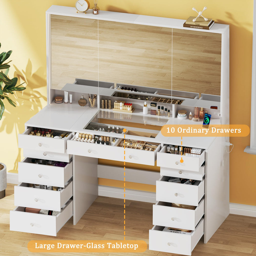 50'' White Glass Top Makeup Vanity with 11 Drawers and LED Mirror D41343