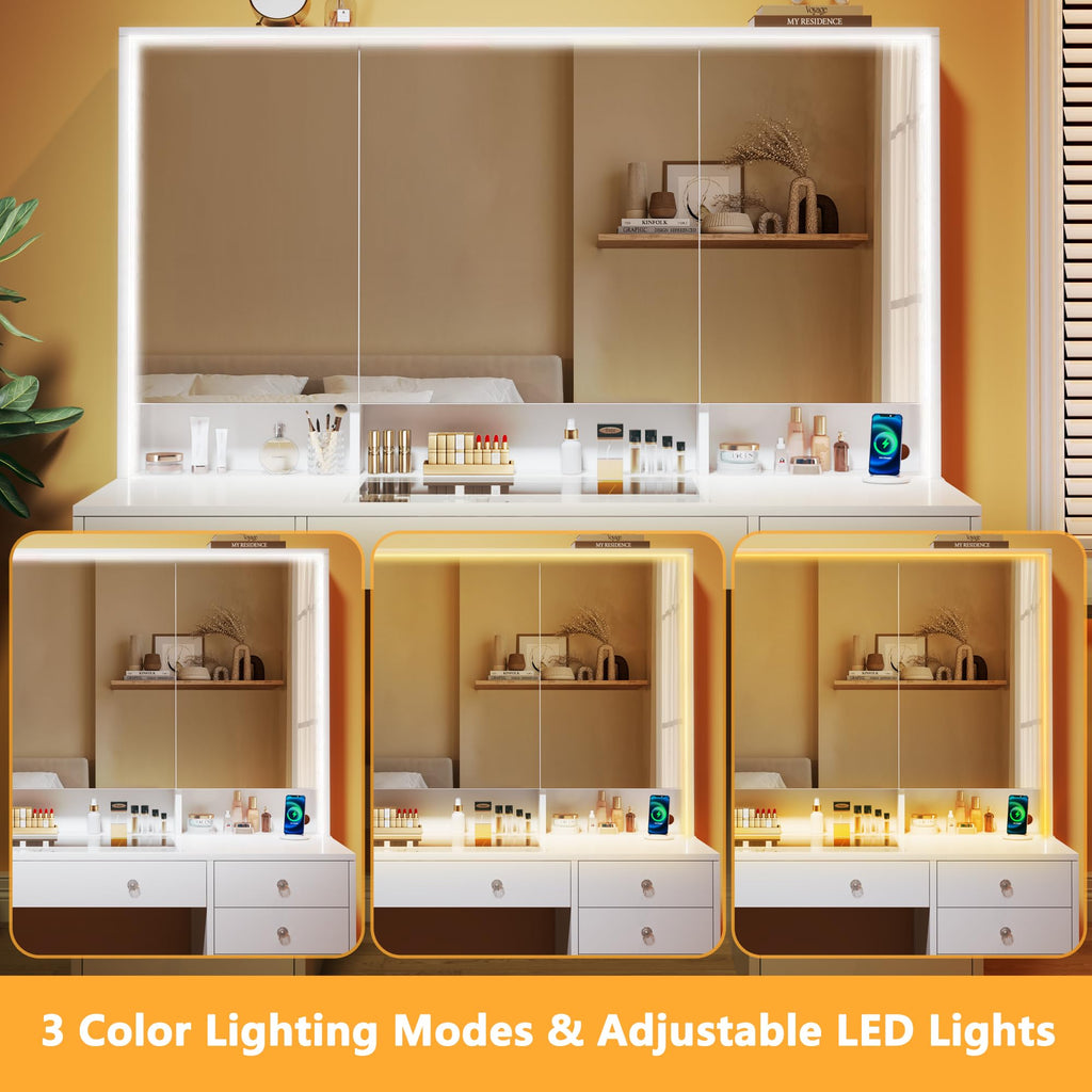 50'' White Glass Top Makeup Vanity with 11 Drawers and LED Mirror D41343