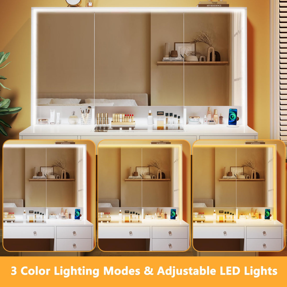 50'' White Glass Top Makeup Vanity with 11 Drawers and LED Mirror D41343