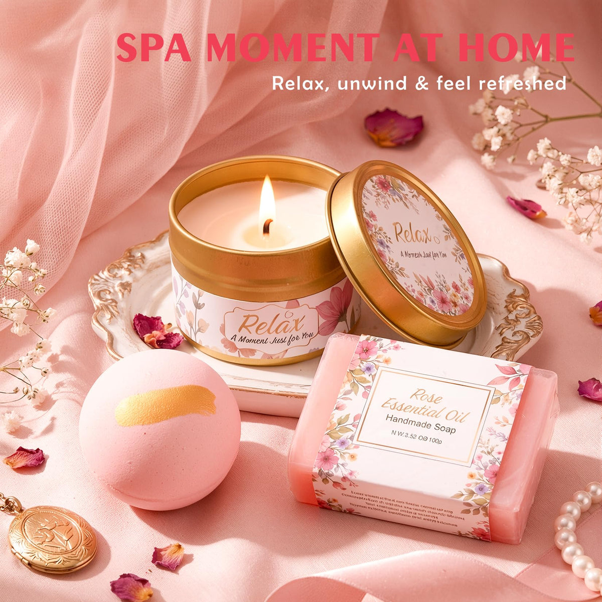 Spa Gift Basket with Blanket Candle Bath Bomb N7408