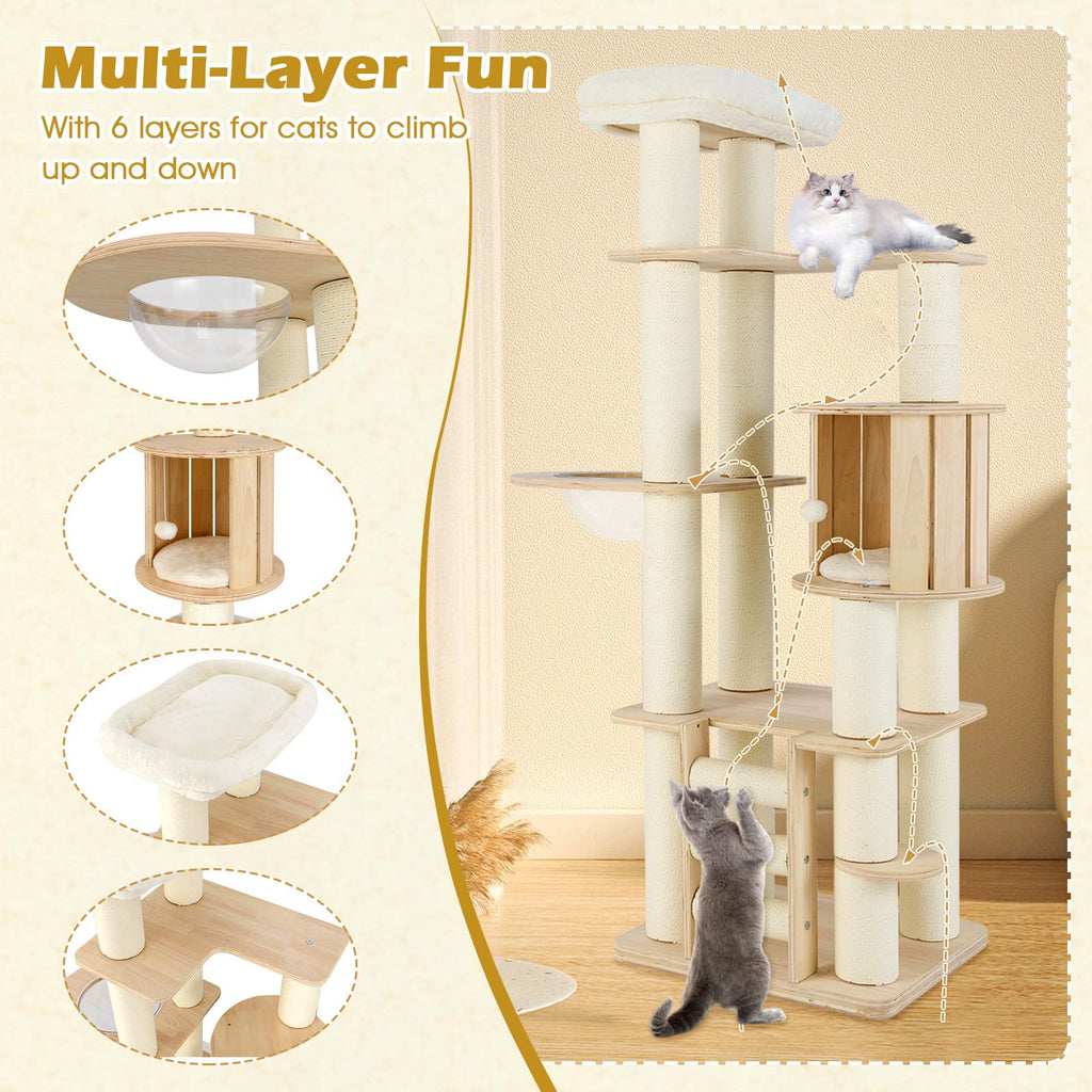 71” Tall Multi-Layer Wood Cat Tree with Scratching Posts K336
