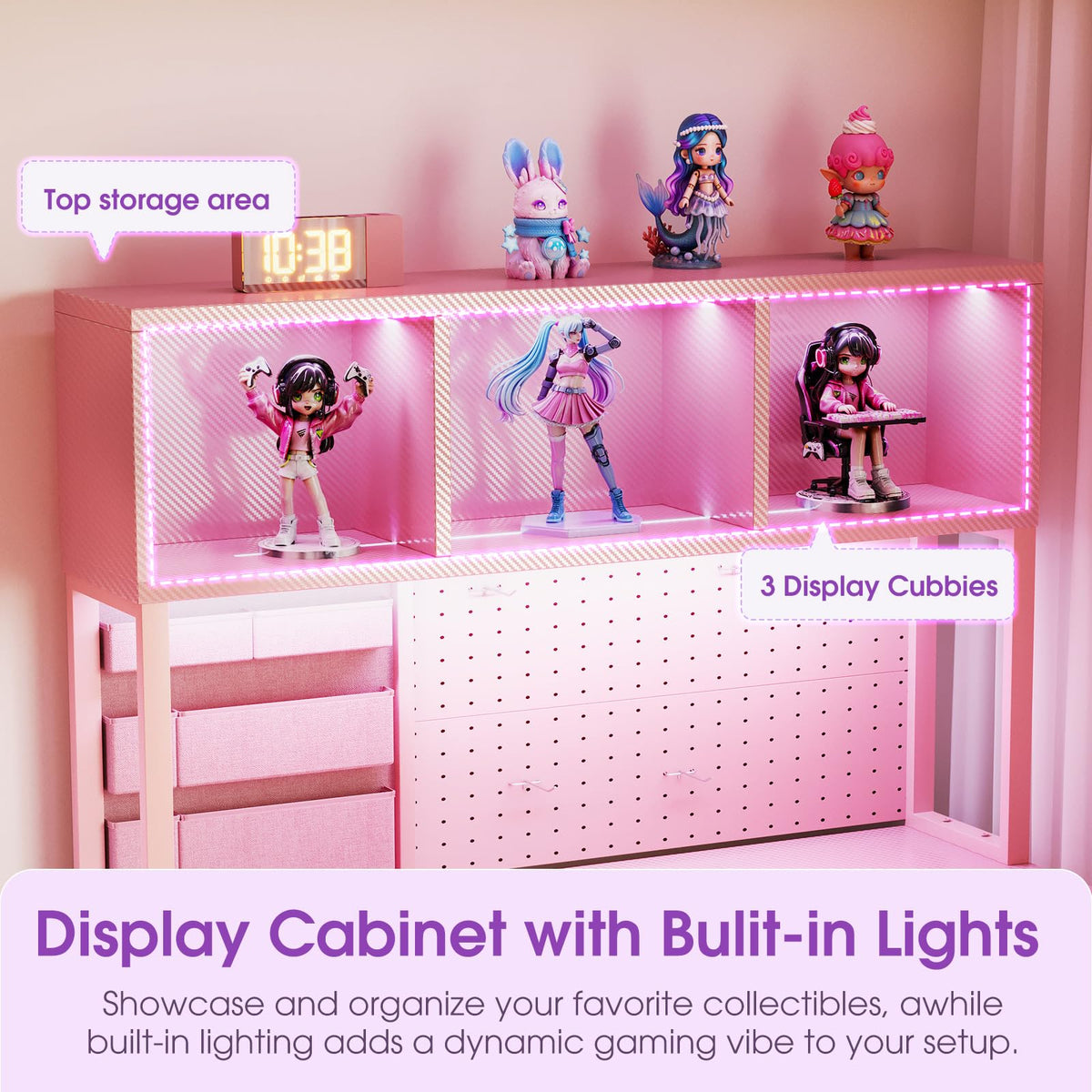 53" L Shaped Gaming Desk with Pegboard, Hutch & 4 Drawers, Pink M6589