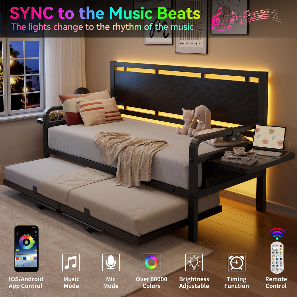 Black Metal Daybed with Trundle and LED Light T9197