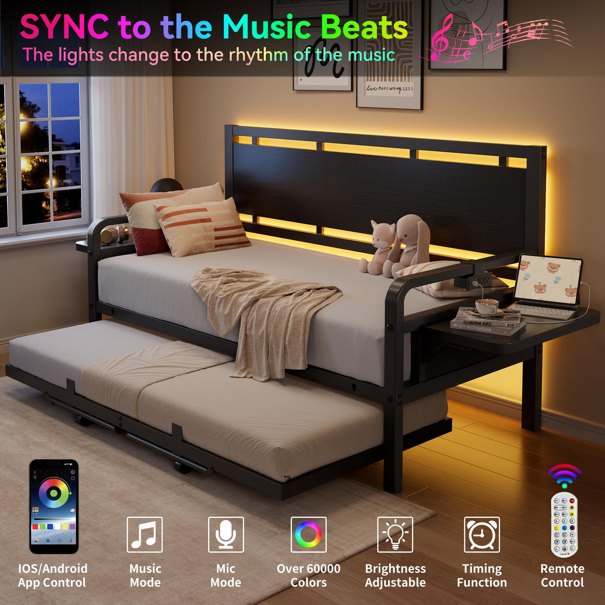 Black Metal Daybed with Trundle and LED Light T9197