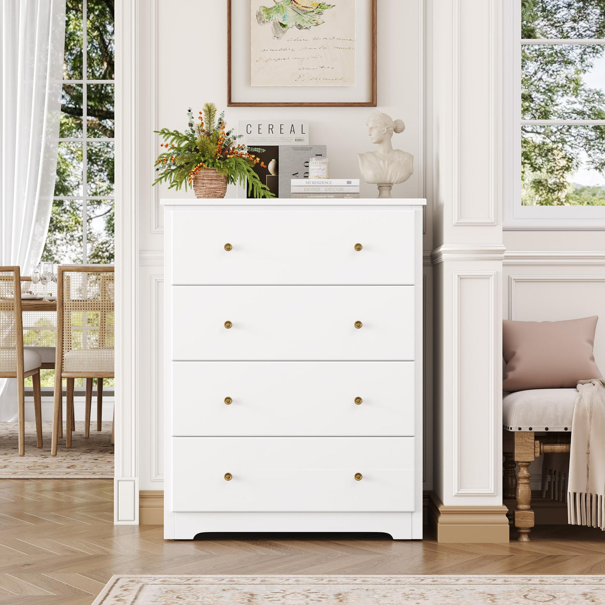 White 4 Drawer Wood Dresser W8549