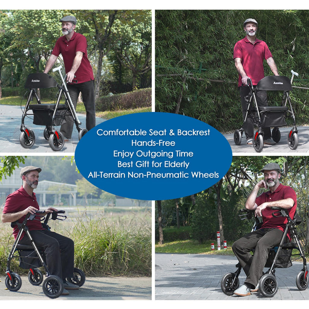 Lightweight Folding Rollator Walker with Seat, 10" All-Terrain Wheels, Black G3044