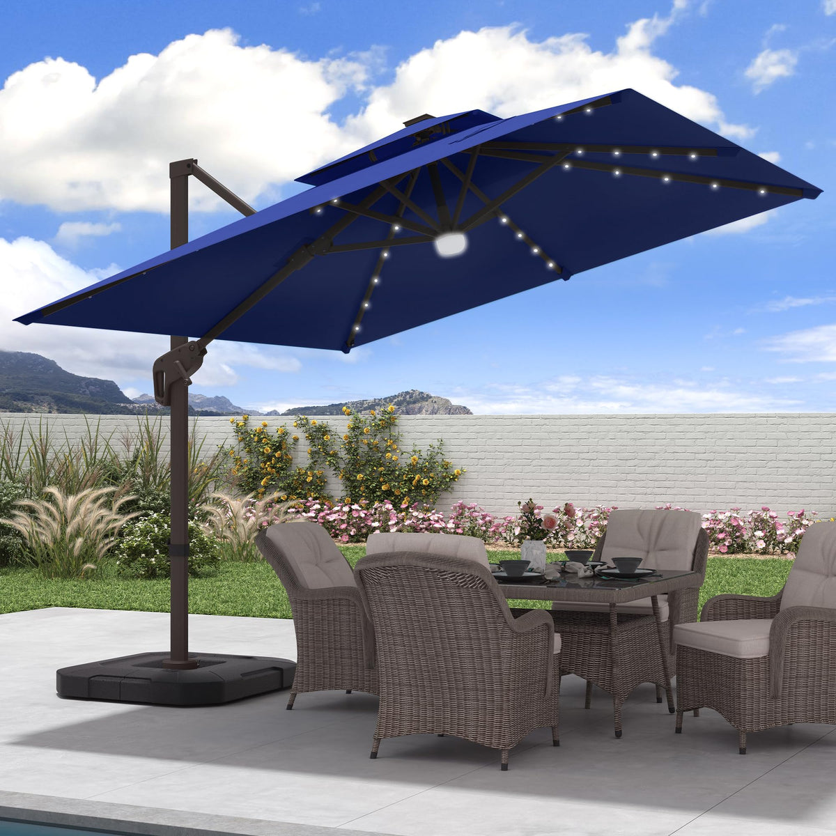 9x9 FT Cantilever Offset Patio Umbrella with Lights & Base P450242