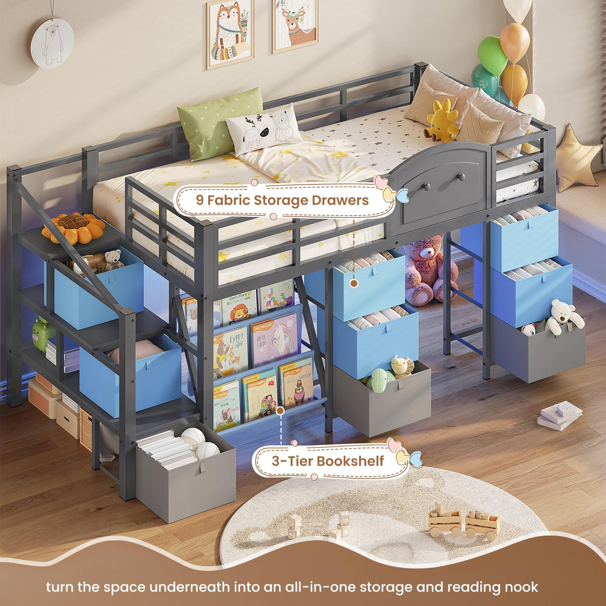 Twin Size Low Loft Bed with 9 Storage Drawers and Staircase J791