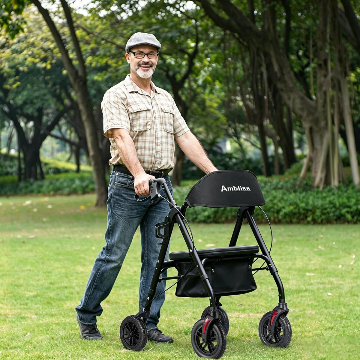 Lightweight Folding Rollator Walker with Seat, 10" All-Terrain Wheels, Black G3044