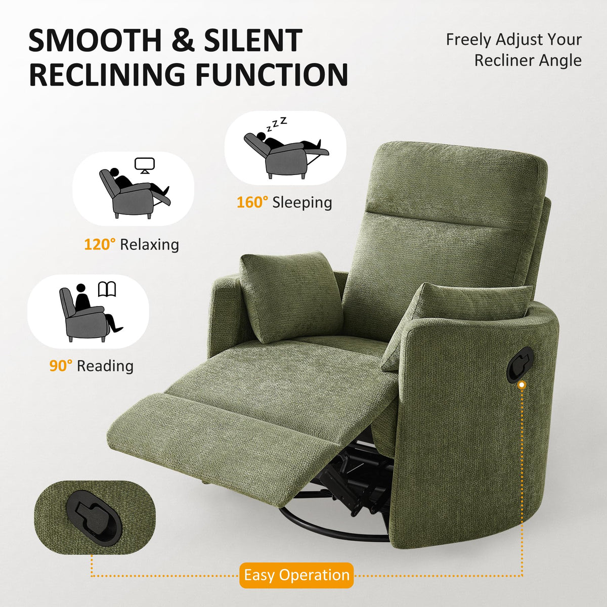 Oversized 360° Swivel Glider Recliner Chair with 2 Pillows and Footrest D68896