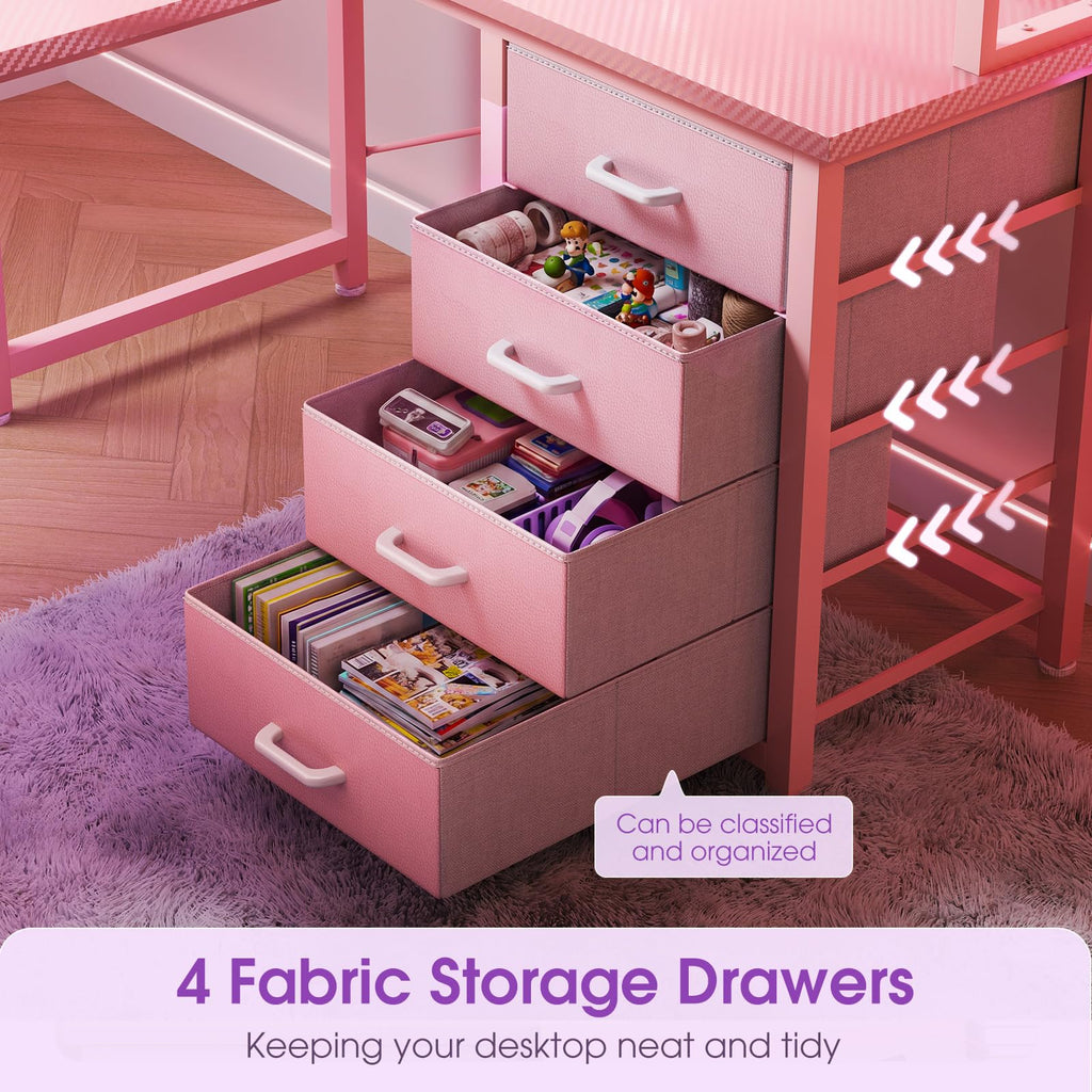 53" L Shaped Gaming Desk with Pegboard, Hutch & 4 Drawers, Pink M6589