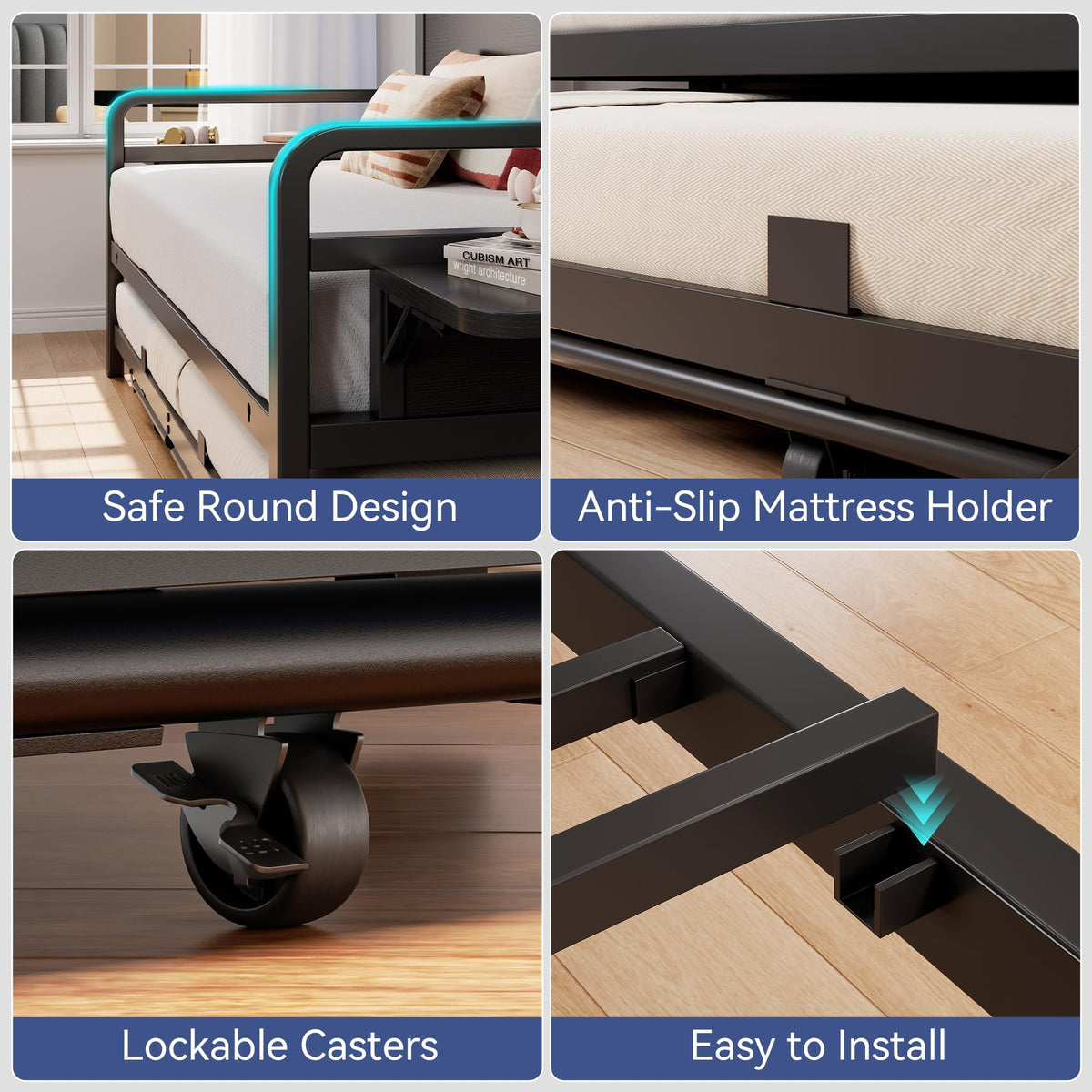 Black Metal Daybed with Trundle and LED Light T9197