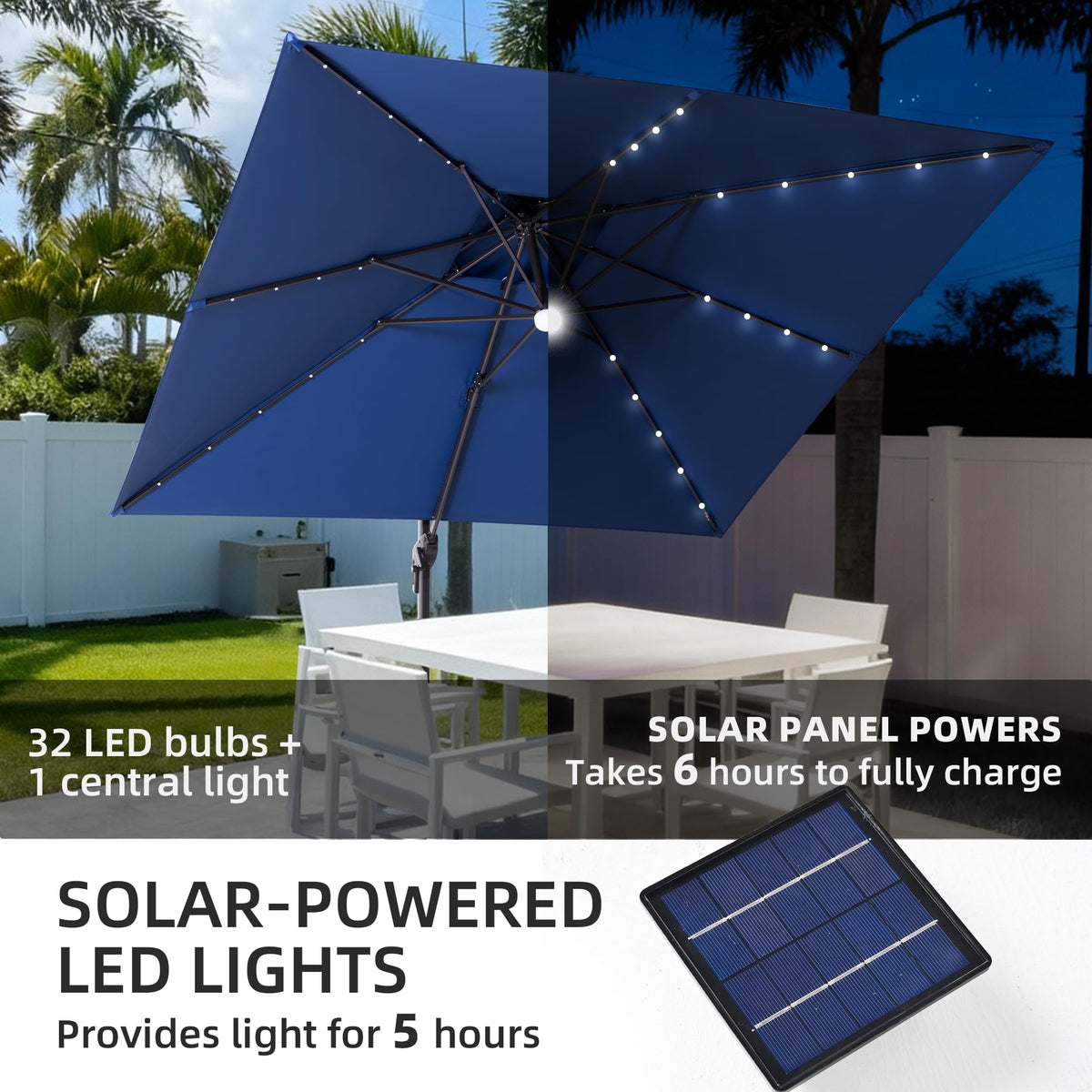 9x9 FT Cantilever Offset Patio Umbrella with Lights & Base P450242