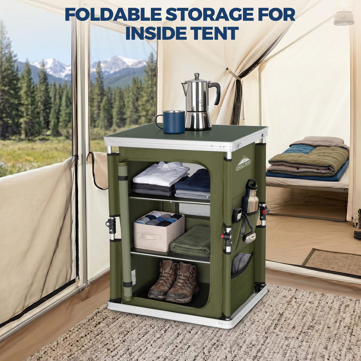 Green Portable Aluminum Folding Camping Table with Storage Organizer Q40066