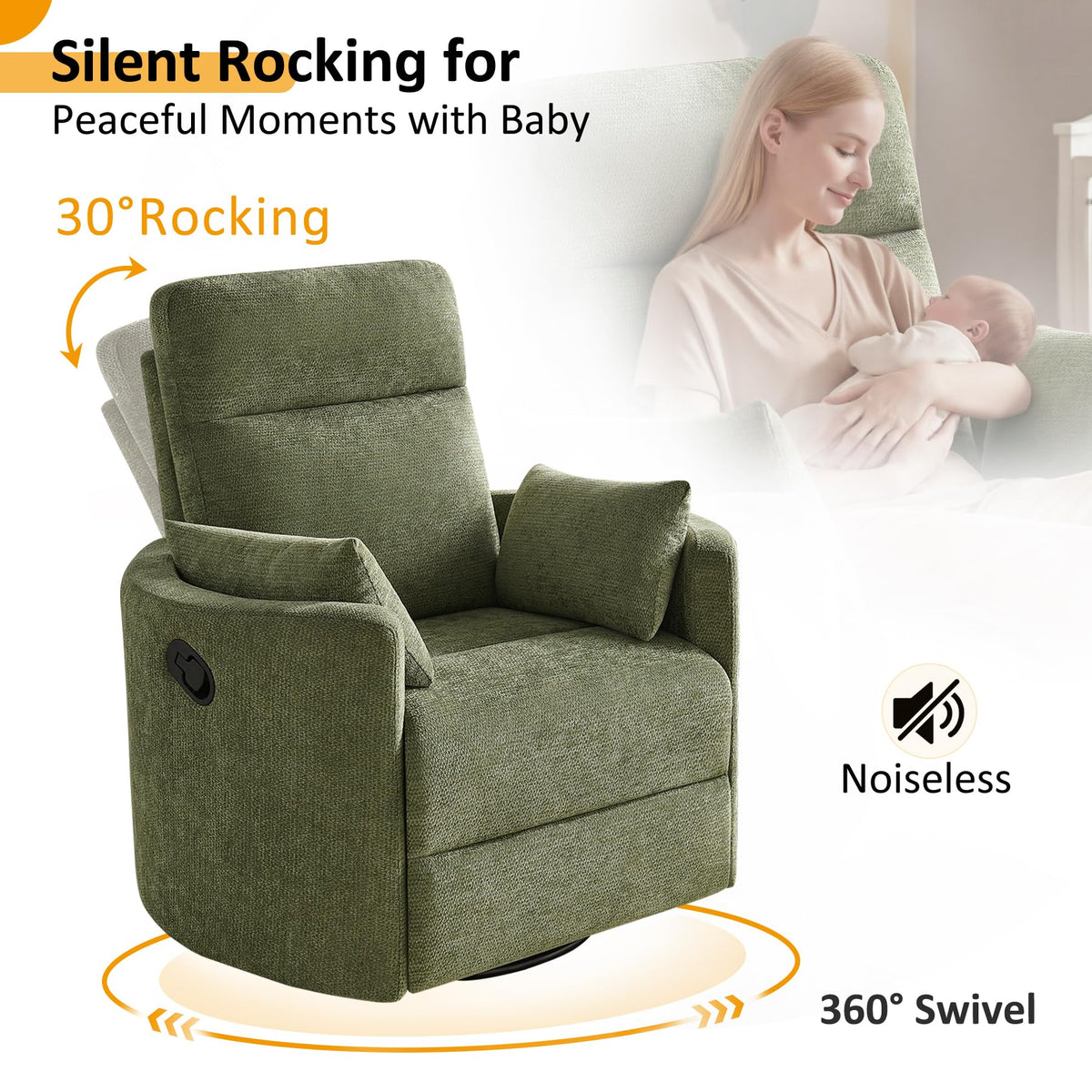 Oversized 360° Swivel Glider Recliner Chair with 2 Pillows and Footrest D68896