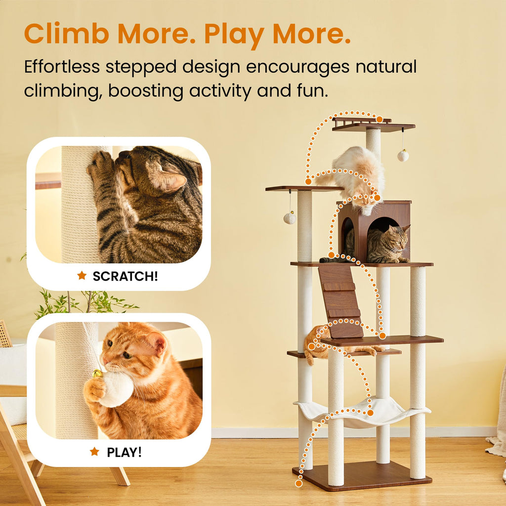 70 inch Tall Multi-Level Cat Tree with Scratching Posts, Perches, Hammock & Pad D652
