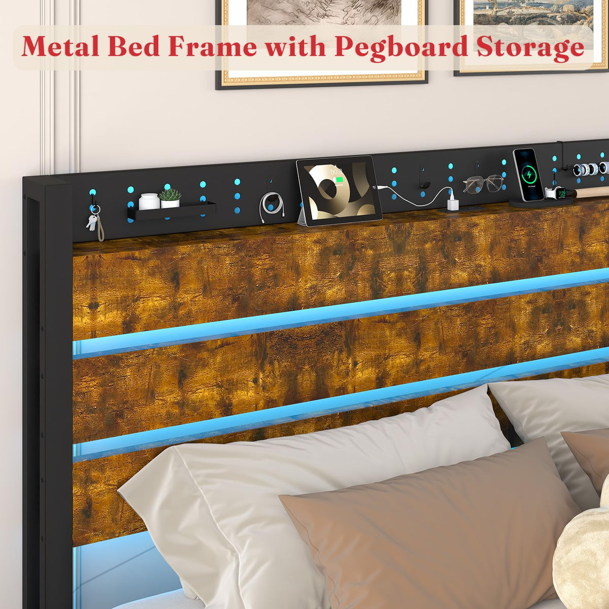 King Size Storage Bed Frame with 4 Drawers, Metal Bed Frame with Headboard Charging Station & Led Lights, Heavy Duty Platform Bedframe, No Box Spring Needed, Noise Free, Easy Assembly, Brown I6675
