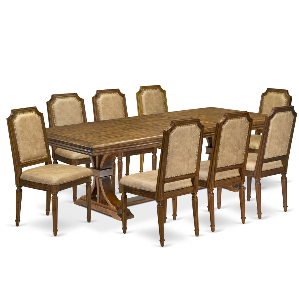 9 Piece Kitchen Table Set with 8 Beige Polyester Fabric Chairs Y3681