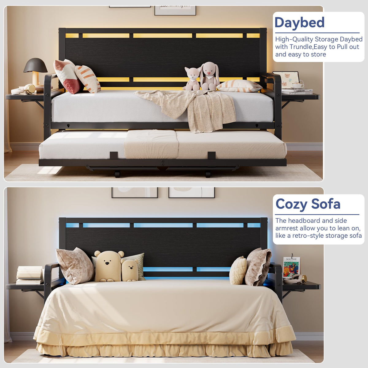 Black Metal Daybed with Trundle and LED Light T9197