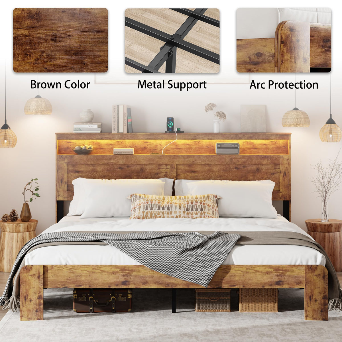 King Size Wooden Bed Frame with Storage Headboard S6072