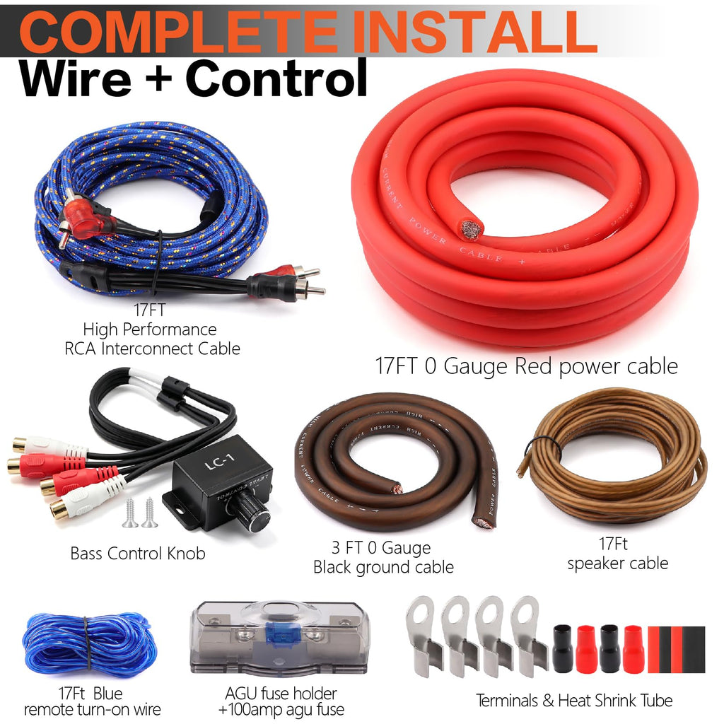 0 Gauge Car Audio Amp Wiring Kit 3000W with Bass Knob N4744