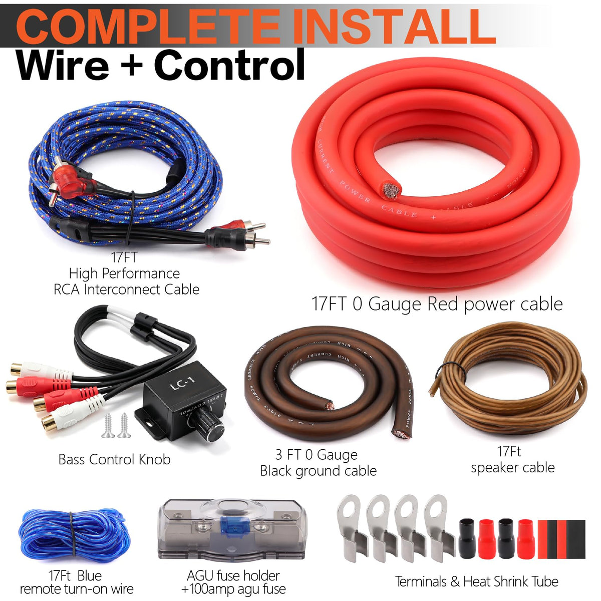 0 Gauge Car Audio Amp Wiring Kit 3000W with Bass Knob N4744
