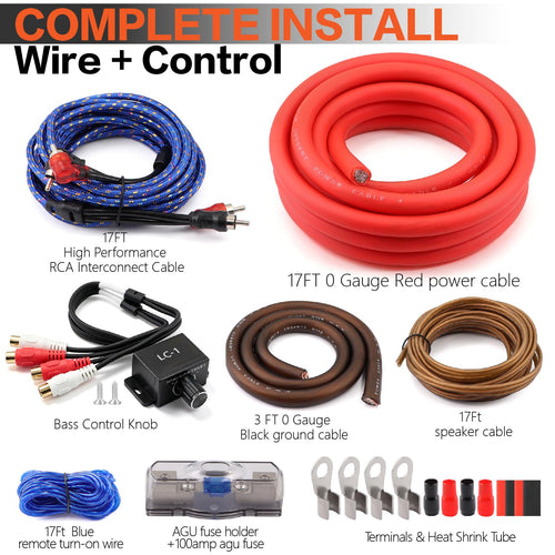 0 Gauge Car Audio Amp Wiring Kit 3000W with Bass Knob N4744