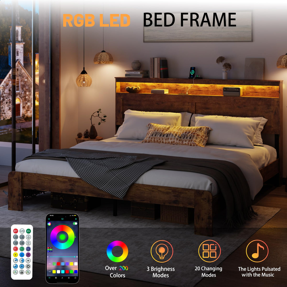 King Size Wooden Bed Frame with Storage Headboard S6072