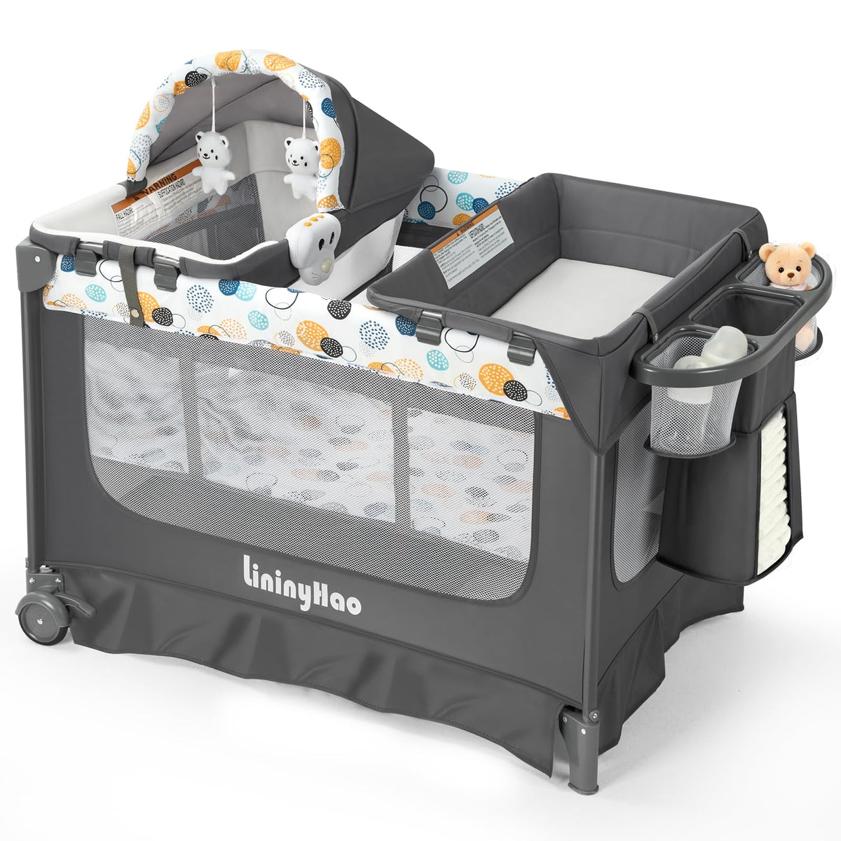 5-in-1 Pack and Play with Bassinet, Changing Table and Mat, Gray Q231237