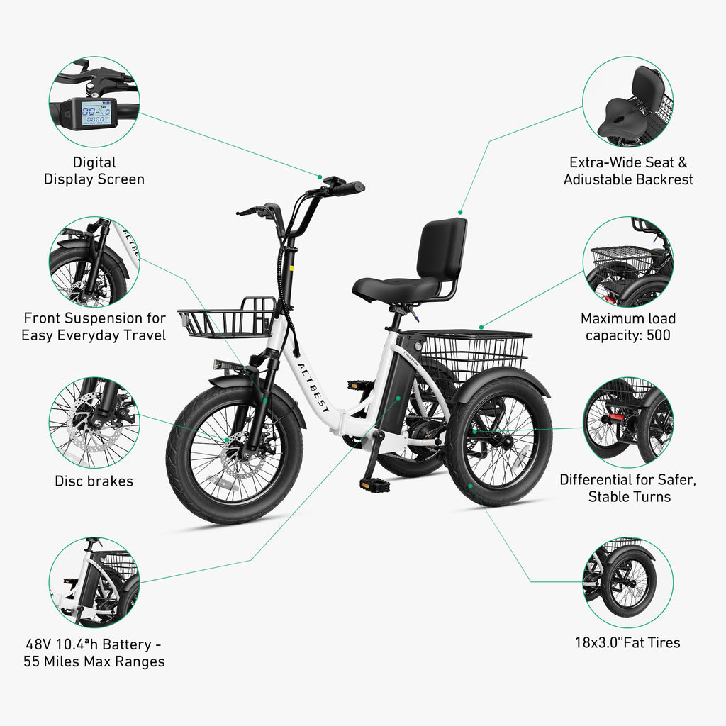Electric Tricycle for Adults, 18"x3.0" Folding Step-Thru E Trike with 1200W Brushless Motor 48V 499.2Wh Removable Battery L33350