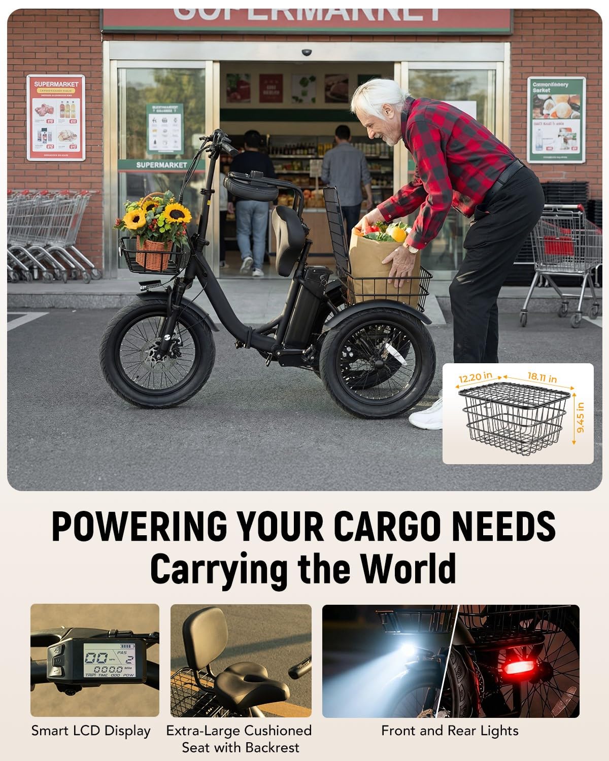 Electric Tricycle for Adults, 18"x3.0" Folding Step-Thru E Trike with 1200W Brushless Motor 48V 499.2Wh Removable Battery L33350
