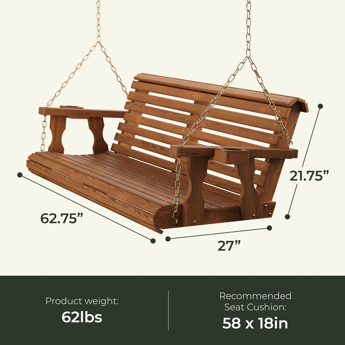 Heavy Duty 700 Lb Capacity Porch Swing with Cup Holders, 5 Foot M764
