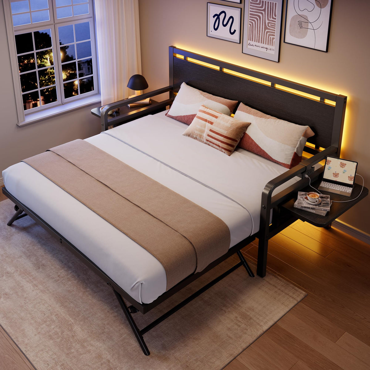 Black Metal Daybed with Trundle and LED Light T9197