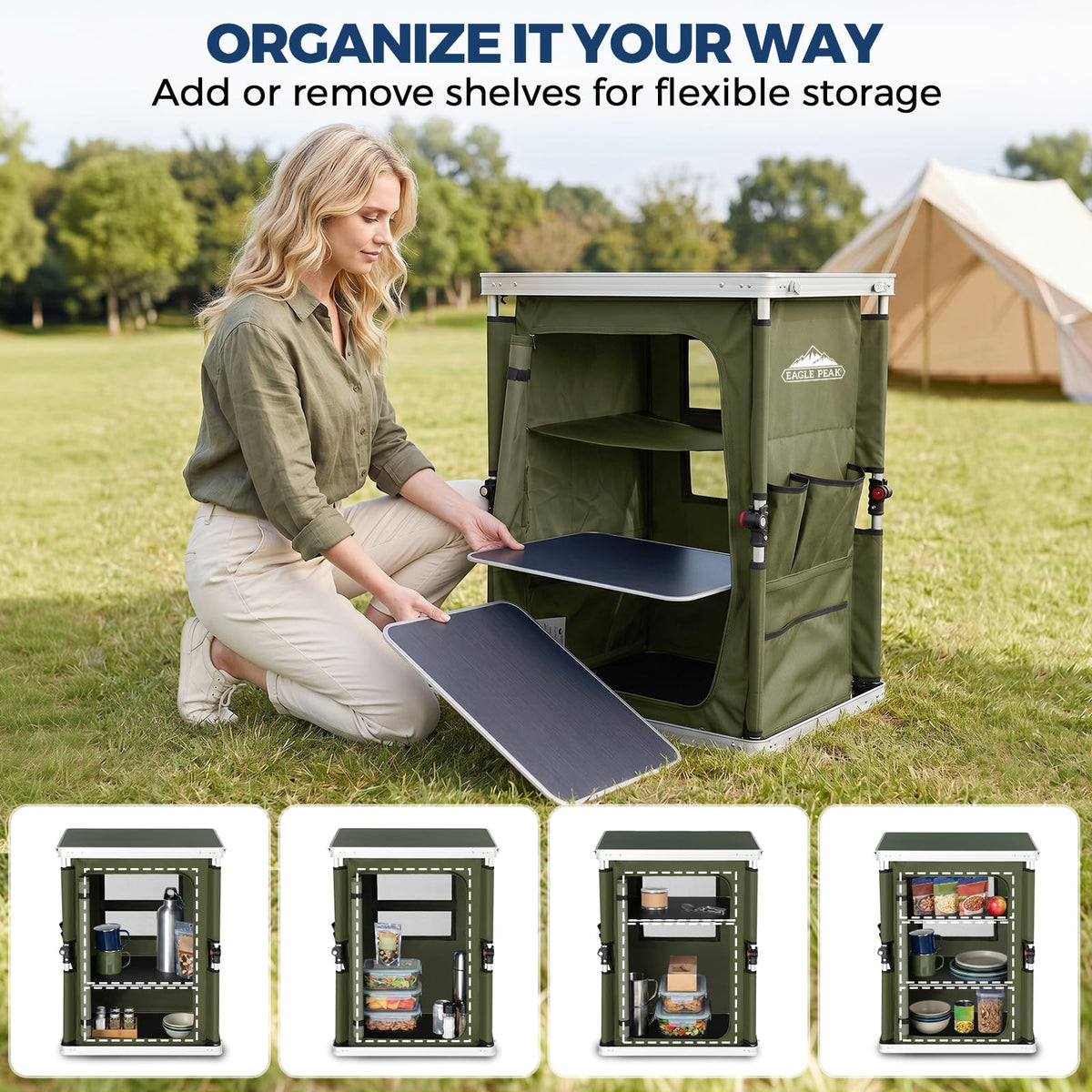 Green Portable Aluminum Folding Camping Table with Storage Organizer Q40066