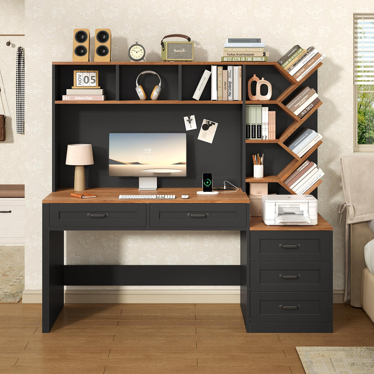 55" Computer Desk with Bookshelf, Drawers & Hutch A134