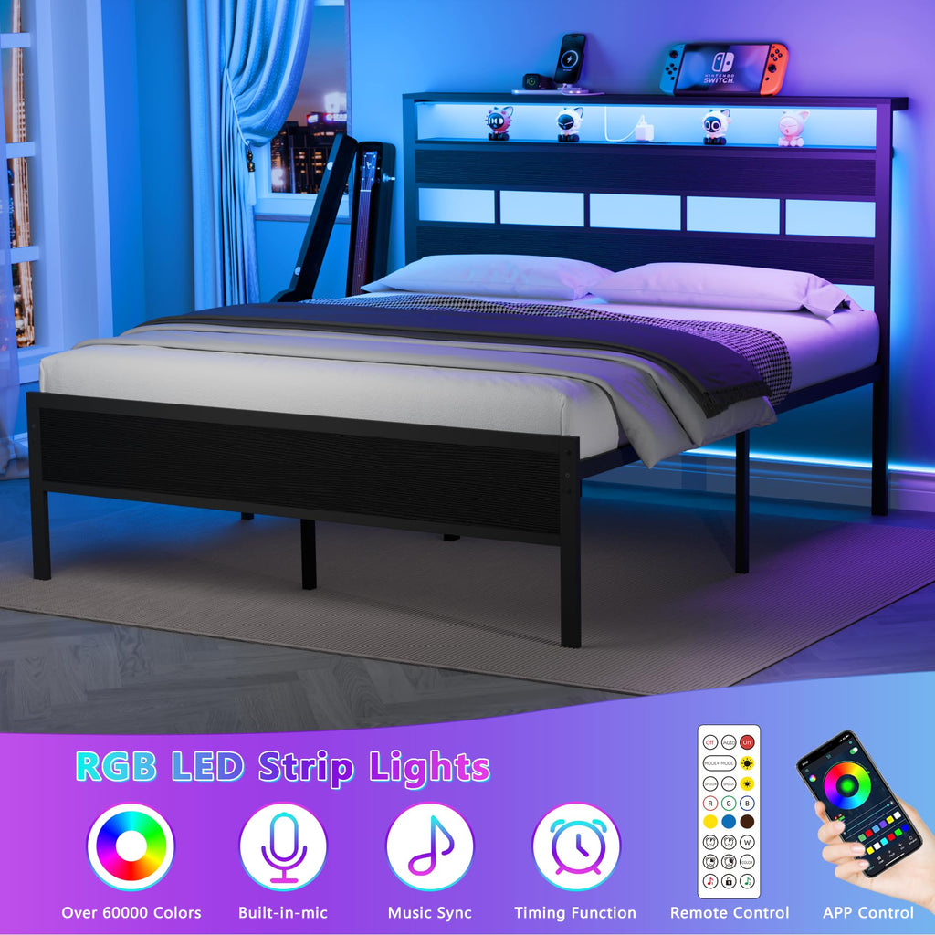 Queen Bed Frame with Storage Headboard and LED Lights Y307736