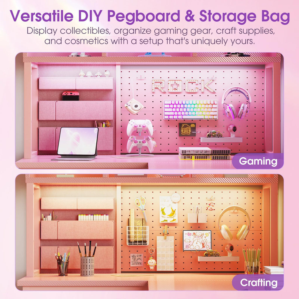 53" L Shaped Gaming Desk with Pegboard, Hutch & 4 Drawers, Pink M6589