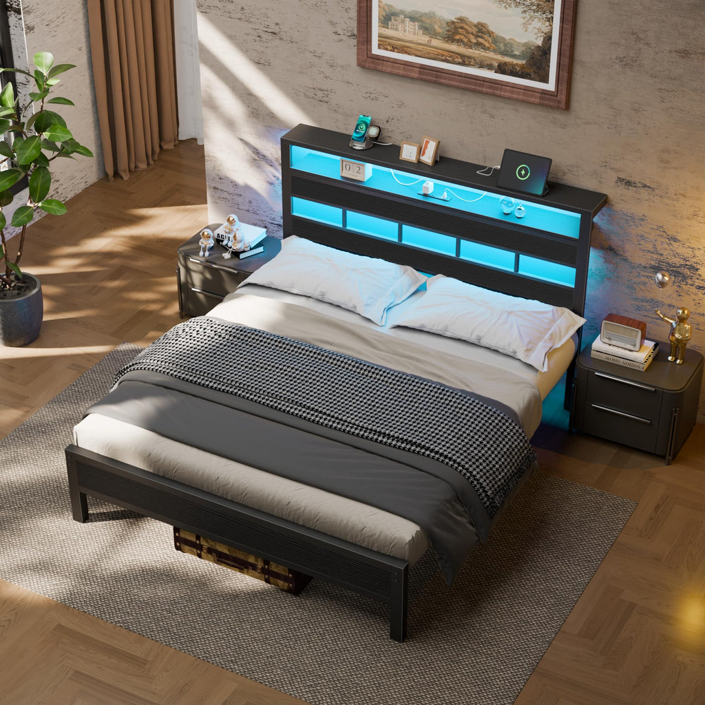 Queen Bed Frame with Storage Headboard and LED Lights Y307736
