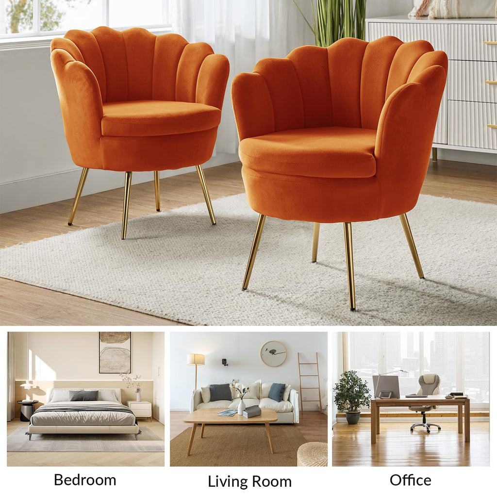 Orange Velvet Channel Tufted Accent Chair with Gold Legs Y244