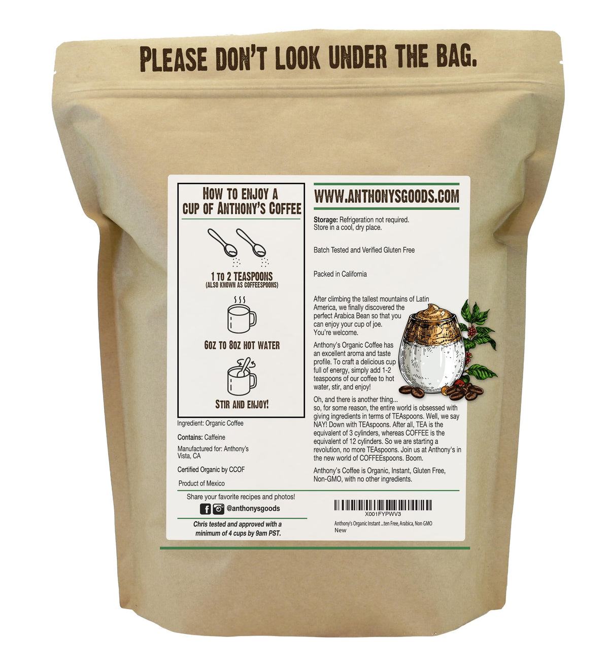 Organic Instant Coffee, 14 oz, Arabica, Gluten Free I60583