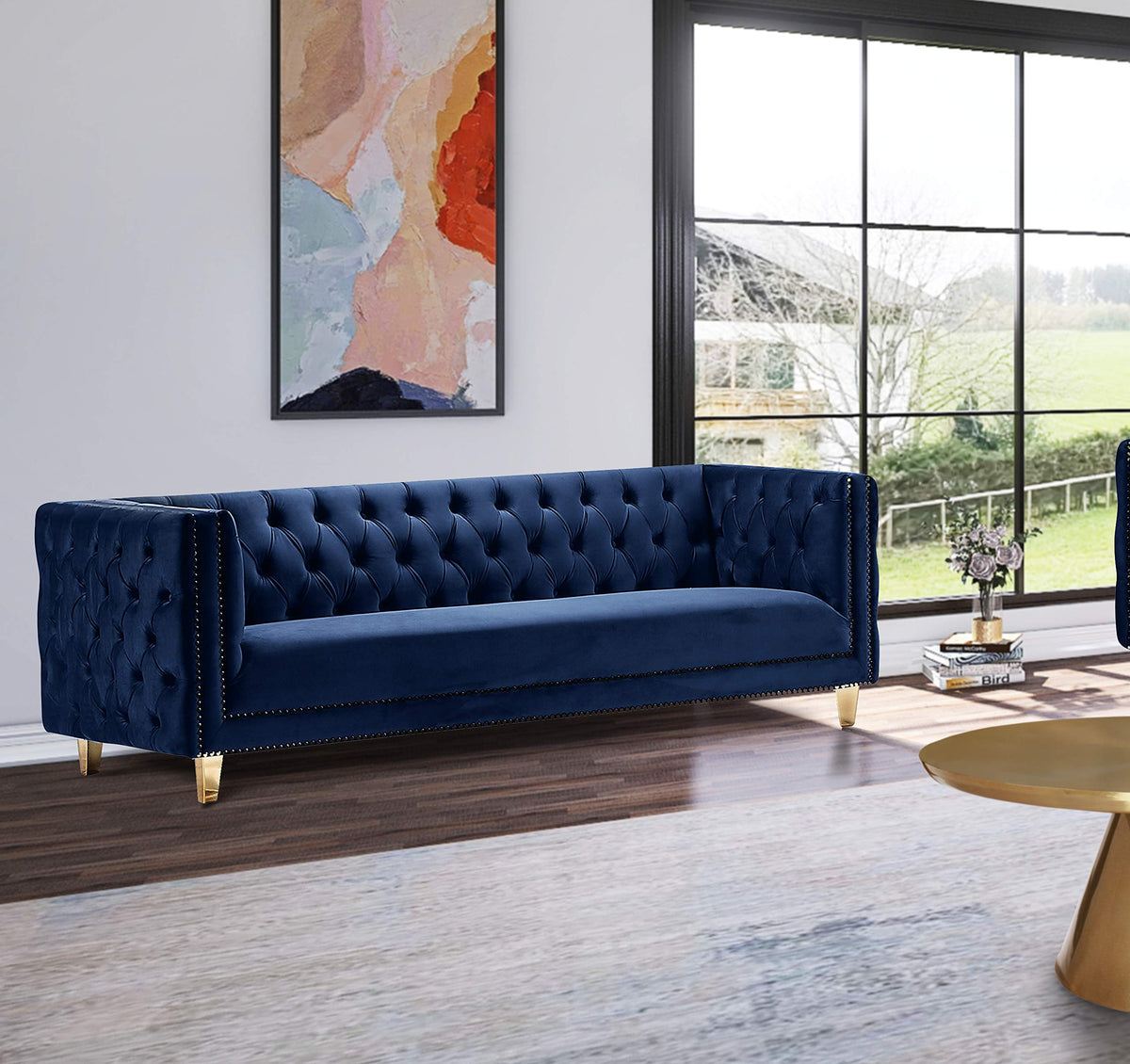 Navy Velvet Sofa with Gold Nailhead Trim V407890