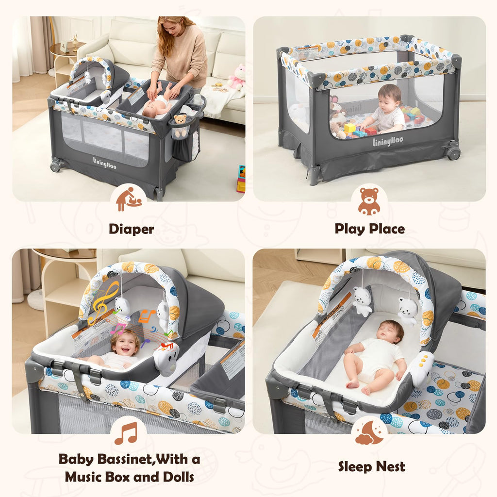 5-in-1 Pack and Play with Bassinet, Changing Table and Mat, Gray Q231237