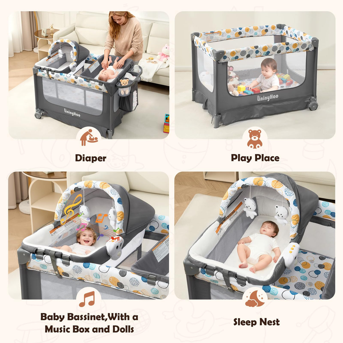 5-in-1 Pack and Play with Bassinet, Changing Table and Mat, Gray Q231237
