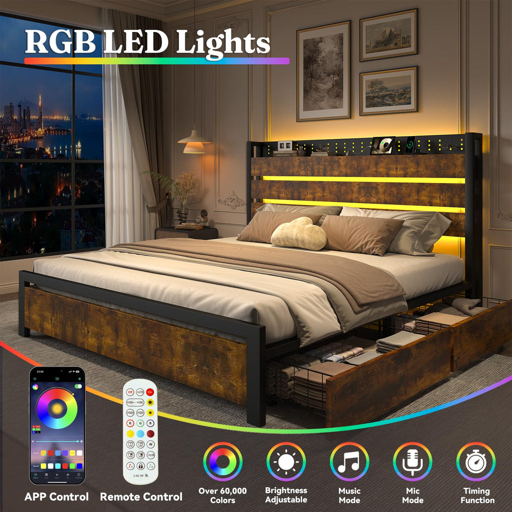 King Size Storage Bed Frame with 4 Drawers, Metal Bed Frame with Headboard Charging Station & Led Lights, Heavy Duty Platform Bedframe, No Box Spring Needed, Noise Free, Easy Assembly, Brown I6675