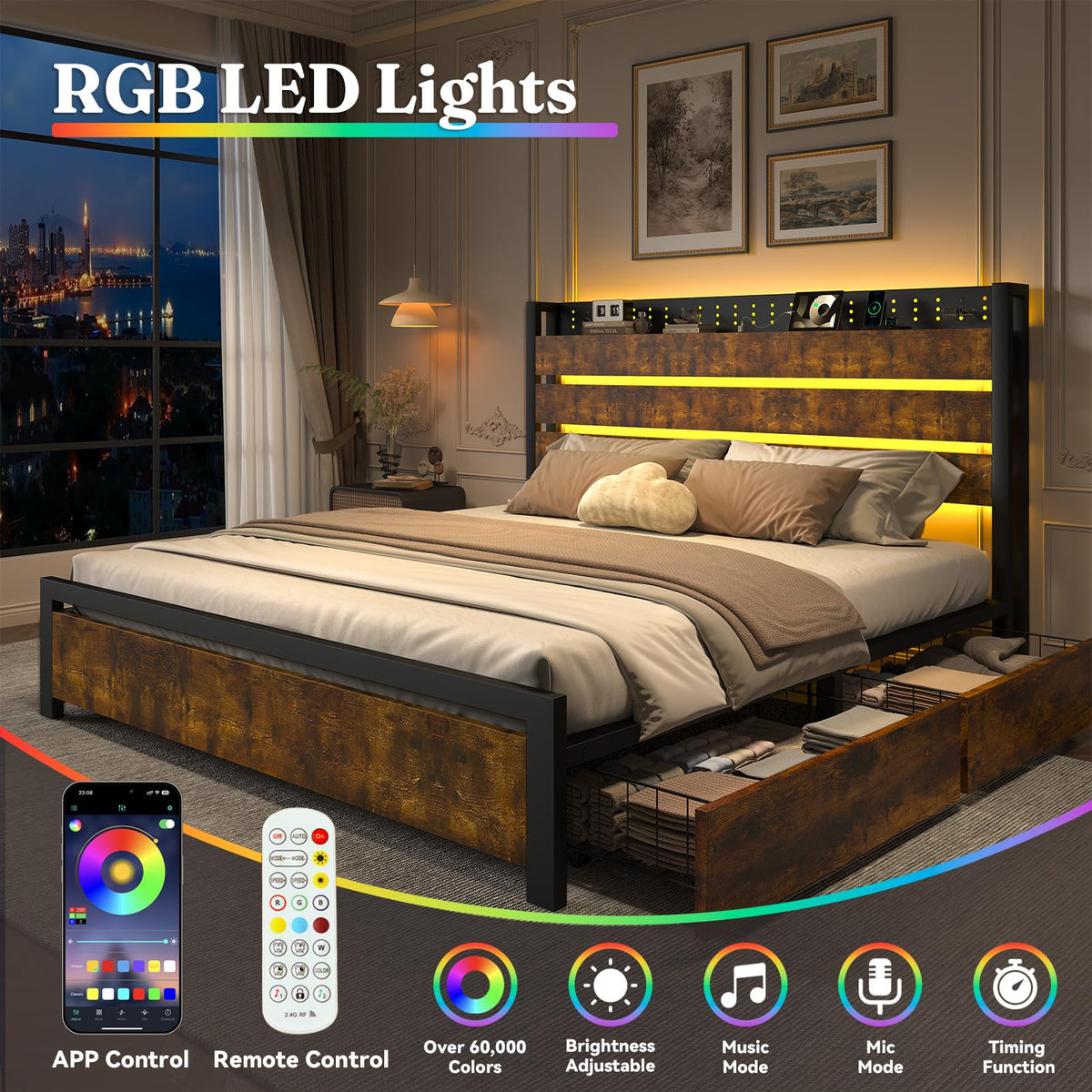 King Size Storage Bed Frame with 4 Drawers, Metal Bed Frame with Headboard Charging Station & Led Lights, Heavy Duty Platform Bedframe, No Box Spring Needed, Noise Free, Easy Assembly, Brown I6675