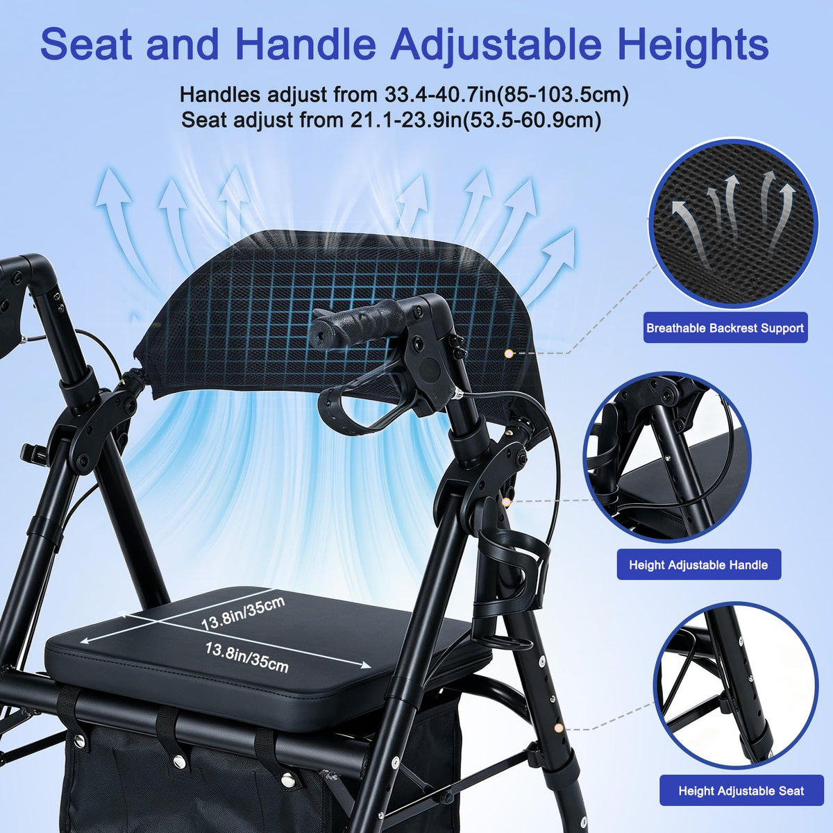 Lightweight Folding Rollator Walker with Seat, 10" All-Terrain Wheels, Black G3044